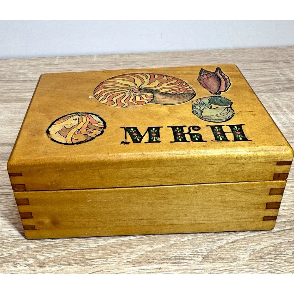 Vintage Wood Jewelry Box Nautilus Shell Hinged Trinket Coastal Sea Life Décor